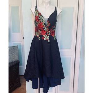 Size 6 Navy brocade high low floral rose design with pockets fun fashion dress